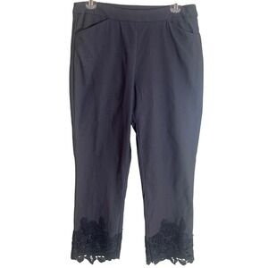 Tribal Woman's Gray Capri Ankle Pants Lace Trim Legs Pull On Elastic Size 8